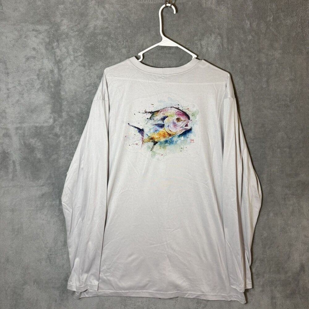 Patagonia Shirt Men XXL Gray Long Sleeve Watercolor Fish Graphic Fishing 2XL